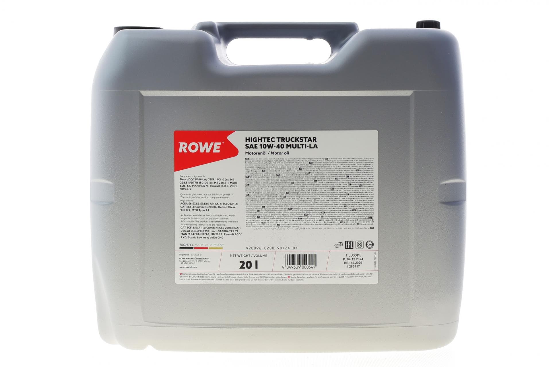Олива 10W40 HIGHTEC TRUCKSTAR MULTI-LA (20L) (ACEA E6/E7/E9/API-CK/MB 228.51/Volvo VDS-4.5/Renault RLD-3)