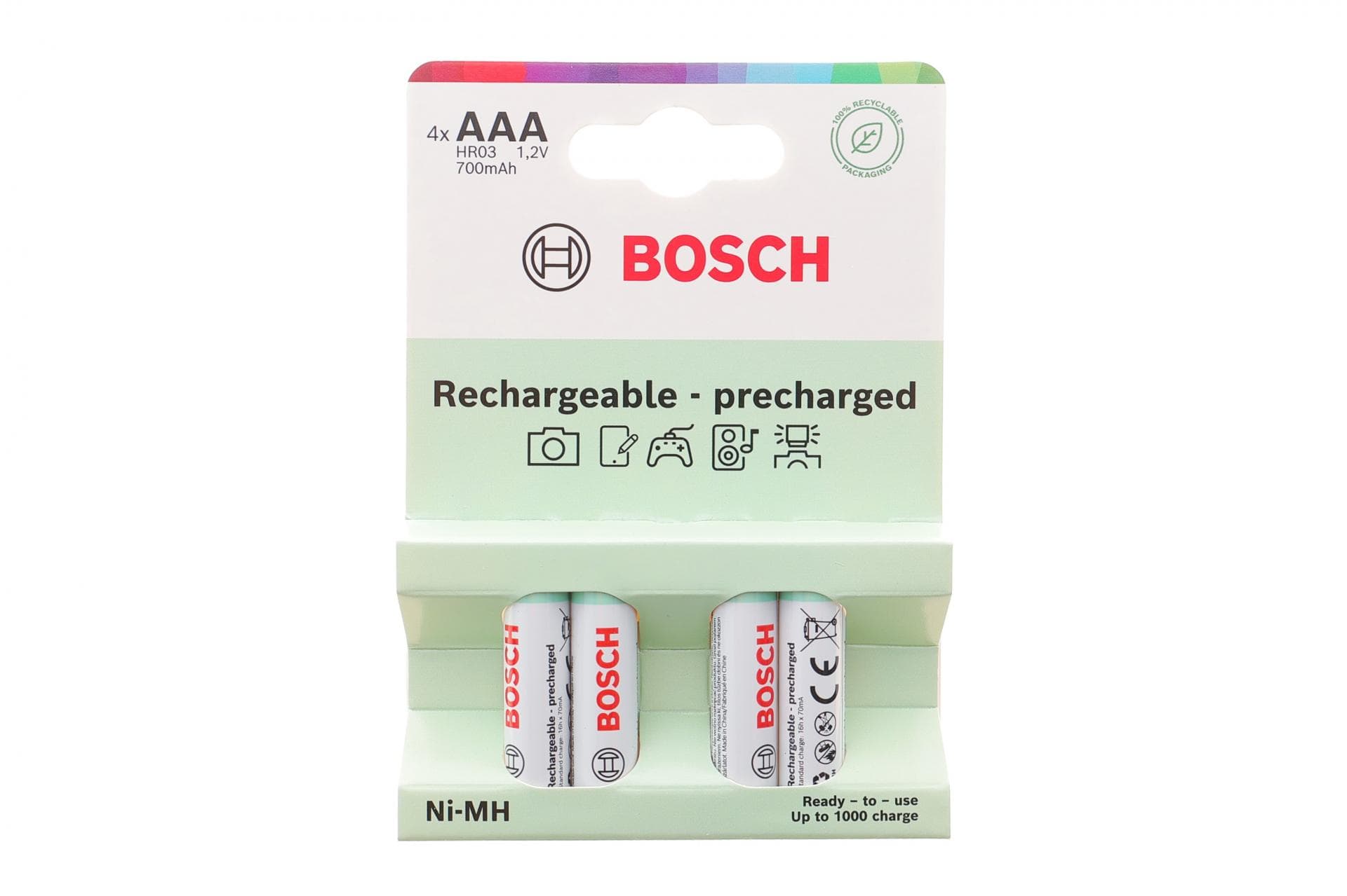 Батарейки акумуляторні Bosch Rechargeable Ni-MH AAA (HR03) (1.2V/700 mAh) HR03B4P700/00 (к-кт 4шт)
